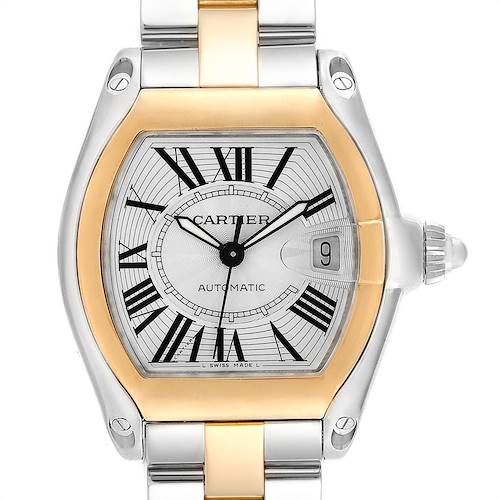 This image shows a close-up view of the Cartier Roadster W62031Y4 Men's Steel and Gold (two tone) Silver Dial W62031Y4 Men's Steel and Gold (two tone) Silver Dial watch face and part of the strap.