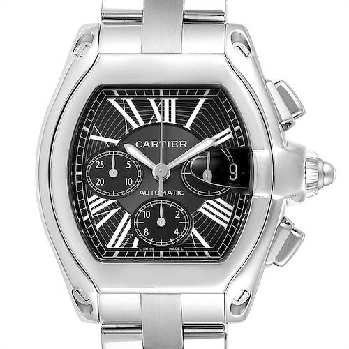 The image shows a front view of a Cartier Roadster W62020X6 Men's Stainless Steel Black Dial W62020X6 Men's Stainless Steel Black Dial watch, highlighting its face, dial, and bracelet.