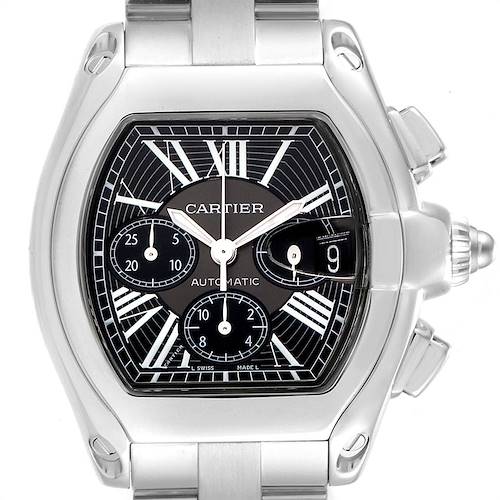This is a close-up view of the Cartier Roadster W62020X6 Men's Stainless Steel Black Dial W62020X6 Men's Stainless Steel Black Dial watch, displaying the dial, hands, subdials, and date window.