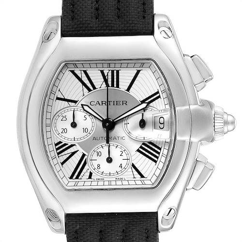 The image shows a front view of a Cartier Roadster W62019X6 Men's Stainless Steel Silver Dial W62019X6 Men's Stainless Steel Silver Dial watch, displaying the face, case, and crown with a black strap.