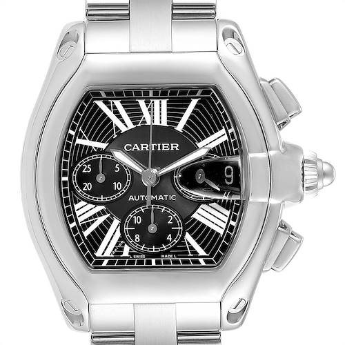 The image shows a front view of the Cartier Roadster W62020X6 Men's Stainless Steel Black Dial W62020X6 Men's Stainless Steel Black Dial watch, highlighting its black dial, Roman numerals, and metal bracelet.
