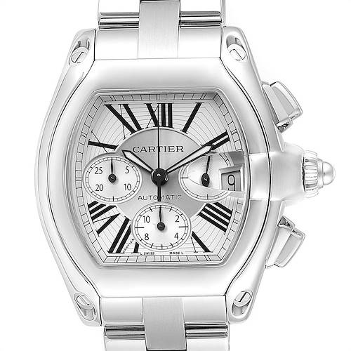 The image shows a frontal view of the Cartier Roadster W62019X6 Men's Stainless Steel Silver Dial W62019X6 Men's Stainless Steel Silver Dial watch, featuring its face, crown, and some links of the bracelet.