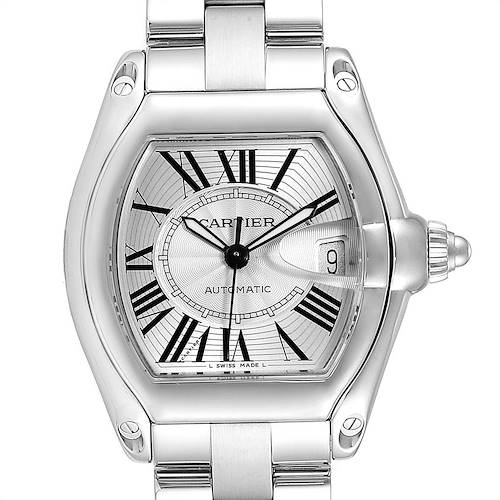 The image shows a head-on view of a Cartier Roadster W62025V3 Men's Stainless Steel Silver Dial W62025V3 Men's Stainless Steel Silver Dial watch, highlighting the face, hands, and part of the bracelet.