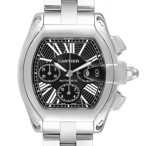 This is a front view of the Cartier Roadster W62020X6 Men's Stainless Steel Black Dial W62020X6 Men's Stainless Steel Black Dial watch, showing its face, bezel, and part of the bracelet.