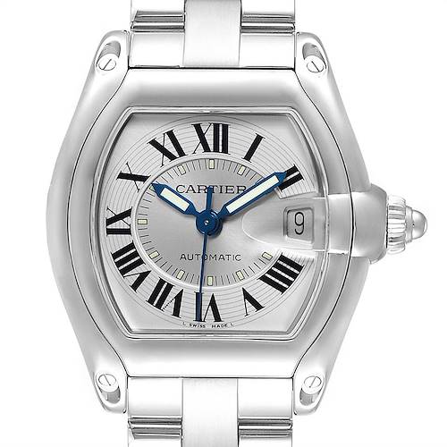 The image shows a front view of the Cartier Roadster W62000V3 Stainless Steel Silver Dial W62000V3 Stainless Steel Silver Dial watch, highlighting the dial, bezel, and part of the bracelet.
