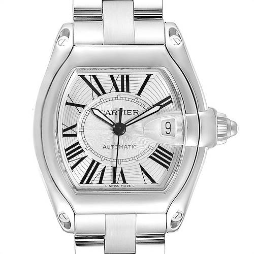 The image shows a front view of a Cartier Roadster W62025V3 Men's Stainless Steel Silver Dial W62025V3 Men's Stainless Steel Silver Dial watch, highlighting its dial, case, and part of its bracelet.