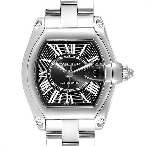 The image shows a front view of the Cartier Roadster W62041V3 Men's Stainless Steel Black Dial W62041V3 Men's Stainless Steel Black Dial watch, displaying the dial, hands, date window, and part of the bracelet.
