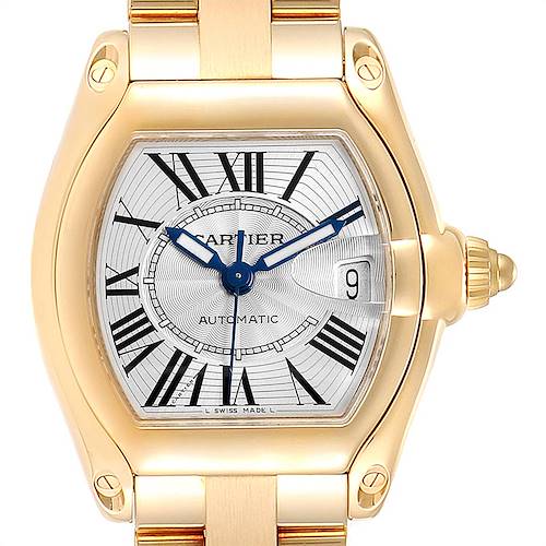 This Cartier Roadster W62005V1 Men's Yellow Gold Silver Dial W62005V1 Men's Yellow Gold Silver Dial watch is shown from a front angle, displaying the face, hands, date window, and portion of the bracelet.
