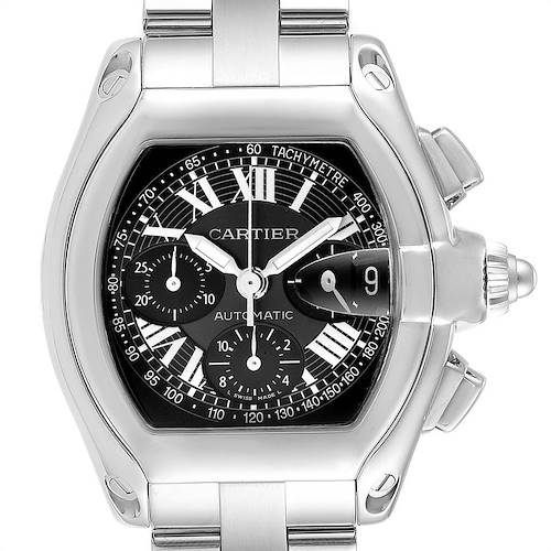 This image shows a front view of the Cartier Roadster W62007X6 Men's Stainless Steel Black Dial W62007X6 Men's Stainless Steel Black Dial model watch, displaying its dial, chronograph functions, and date window.