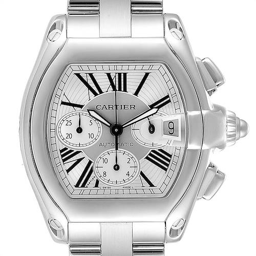 The image shows a full frontal view of the Cartier Roadster W62019X6 Men's Stainless Steel Silver Dial W62019X6 Men's Stainless Steel Silver Dial watch, displaying the face, dial, hands, and part of the bracelet.