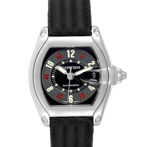 The image shows a front view of the Cartier Roadster W62002V3 Men's Stainless Steel Black Dial W62002V3 Men's Stainless Steel Black Dial watch, displaying its face, case, and part of its strap.