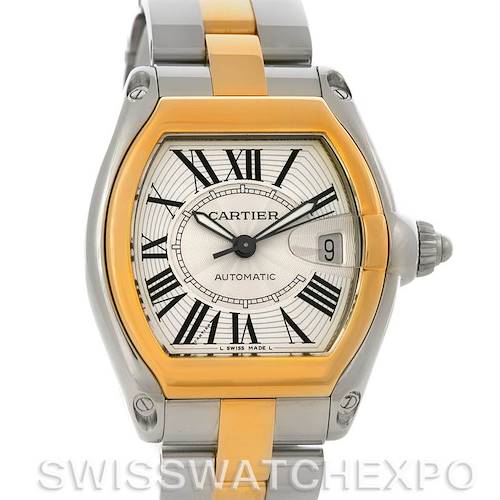 The image shows a front view of a Cartier Roadster W62031Y4 Men's Steel and Gold (two tone) Silver Dial W62031Y4 Men's Steel and Gold (two tone) Silver Dial watch, highlighting the face, bezel, and part of the bracelet.