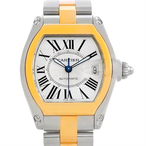 This image shows a frontal view of the Cartier Roadster W62031Y4 Men's Steel and Gold (two tone) Silver Dial W62031Y4 Men's Steel and Gold (two tone) Silver Dial watch, highlighting its dial, bezel, and part of the bracelet.
