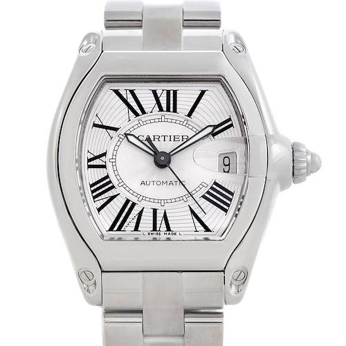 This image shows a frontal view of a Cartier Roadster W62025V3 Men's Stainless Steel Silver Dial W62025V3 Men's Stainless Steel Silver Dial model watch, highlighting its dial, casing, and part of the bracelet.