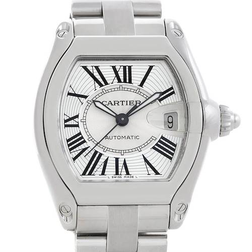 This image shows a Cartier Roadster W62025V3 Men's Stainless Steel Silver Dial W62025V3 Men's Stainless Steel Silver Dial watch from a front angle, highlighting the dial, case, and part of the bracelet.
