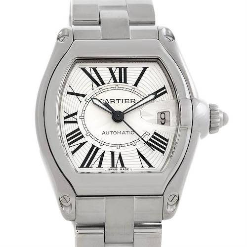 This Cartier Roadster W62025V3 Men's Stainless Steel Silver Dial W62025V3 Men's Stainless Steel Silver Dial watch is shown from a front angle, displaying the dial, Roman numerals, and part of the metal bracelet.