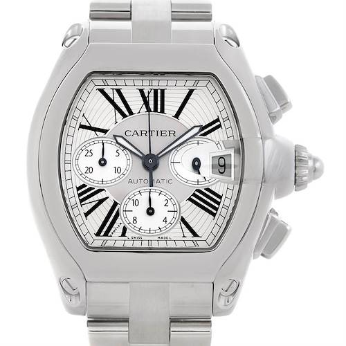 This image shows a frontal view of a Cartier Roadster W62019X6 Men's Stainless Steel Silver Dial W62019X6 Men's Stainless Steel Silver Dial watch, highlighting its dial, crown, and part of the bracelet.