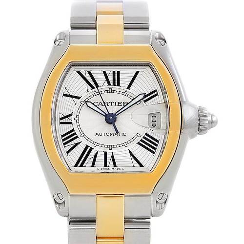 This image shows a frontal view of the Cartier Roadster W62031Y4 Men's Steel and Gold (two tone) Silver Dial W62031Y4 Men's Steel and Gold (two tone) Silver Dial watch, displaying the face, bezel, hands, case, crown, and part of the bracelet.