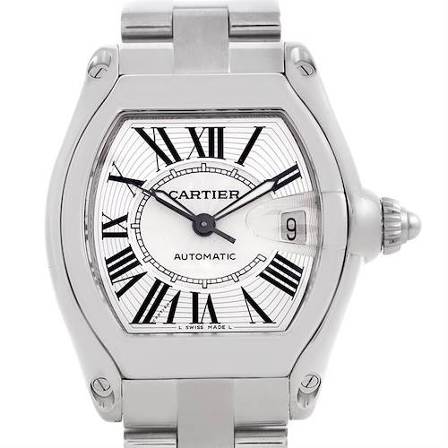 This image shows a Cartier Roadster W62025V3 Men's Stainless Steel Silver Dial W62025V3 Men's Stainless Steel Silver Dial watch head-on, highlighting the dial, numerals, date window, and portion of the bracelet.