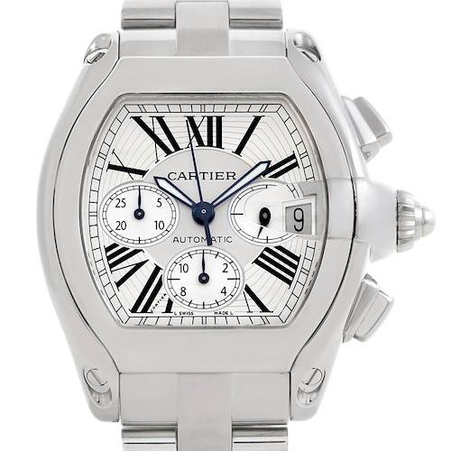 The image shows a frontal view of the Cartier Roadster W62019X6 Men's Stainless Steel Silver Dial W62019X6 Men's Stainless Steel Silver Dial watch, displaying the dial, bezel, crown, and part of the bracelet.