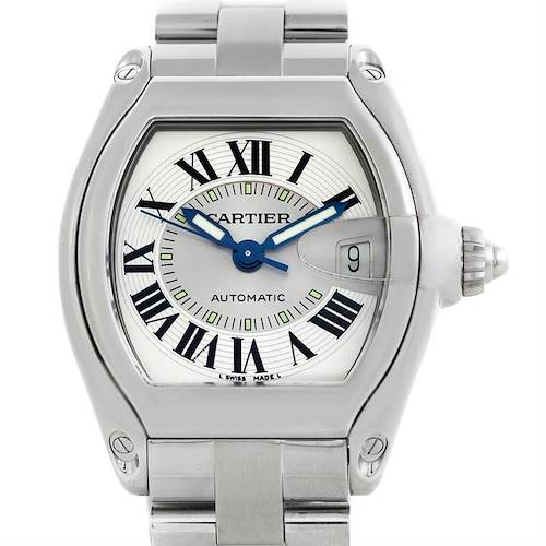 The Cartier Roadster W62025V3 Men's Stainless Steel Silver Dial W62025V3 Men's Stainless Steel Silver Dial watch is shown from a front-facing angle, displaying the dial, date window, and part of the metal bracelet.