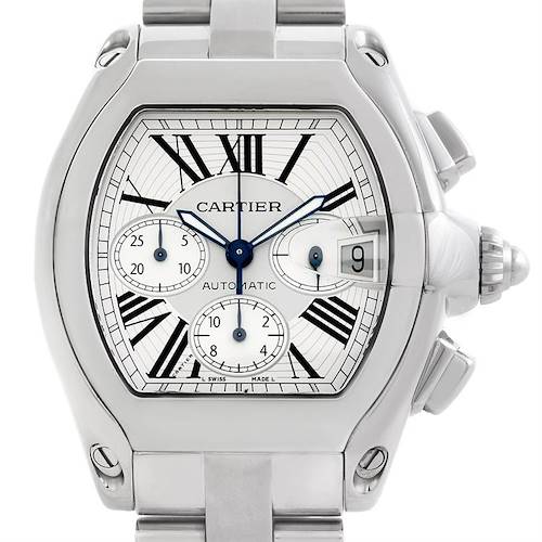 The image shows a front view of the Cartier Roadster W62019X6 Men's Stainless Steel Silver Dial W62019X6 Men's Stainless Steel Silver Dial watch, highlighting its face, dial, and bracelet.