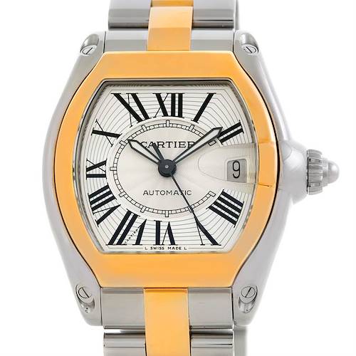 The image shows a front view of the Cartier Roadster W62031Y4 Men's Steel and Gold (two tone) Silver Dial W62031Y4 Men's Steel and Gold (two tone) Silver Dial watch, highlighting its dial, bezel, crown, and part of its bracelet.