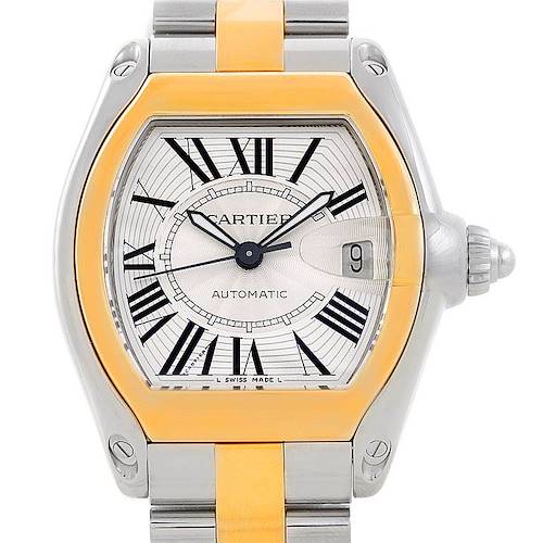 The image shows a close-up of the face and part of the bracelet of a Cartier Roadster W62031Y4 Men's Steel and Gold (two tone) Silver Dial W62031Y4 Men's Steel and Gold (two tone) Silver Dial watch.