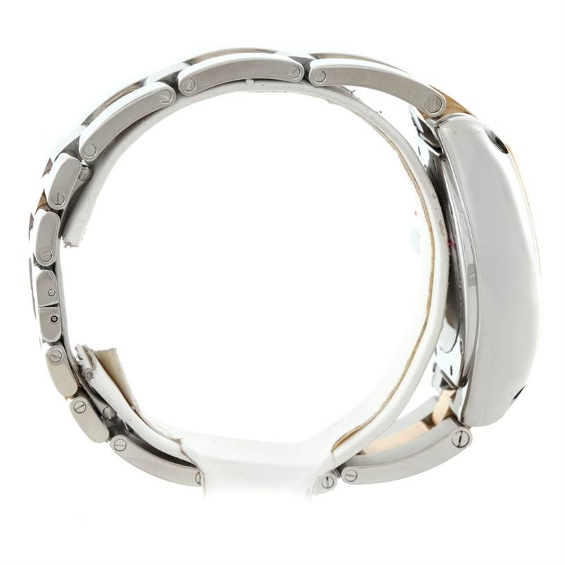 The image shows a side profile view of a Cartier Roadster W62027Z1 Men's Steel and Gold (two tone) Silver Dial W62027Z1 Men's Steel and Gold (two tone) Silver Dial watch, highlighting the case and metal bracelet.