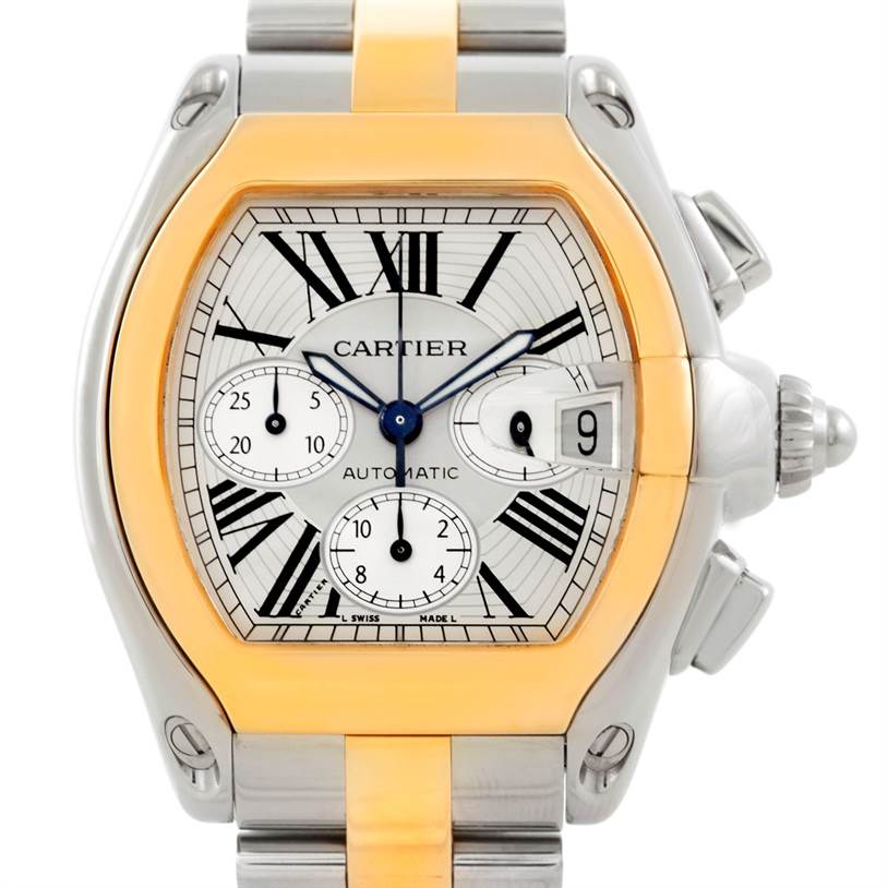 The Cartier Roadster W62027Z1 Men's Steel and Gold (two tone) Silver Dial W62027Z1 Men's Steel and Gold (two tone) Silver Dial watch is shown from the front, displaying its dial, Roman numeral hour markers, three sub-dials, and date window.