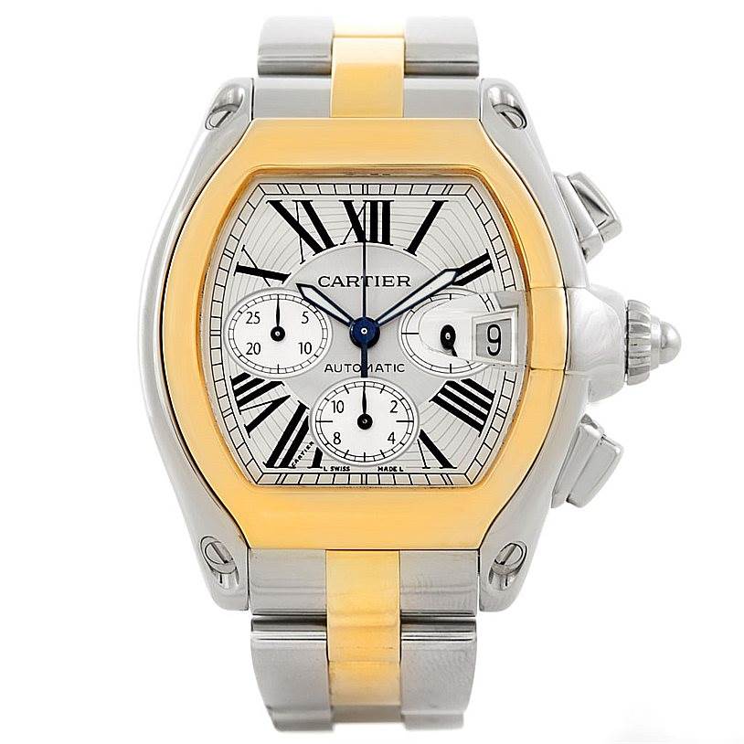 The Cartier Roadster W62027Z1 Men's Steel and Gold (two tone) Silver Dial W62027Z1 Men's Steel and Gold (two tone) Silver Dial watch image shows a front view highlighting the polished metal case, dial, and bracelet.