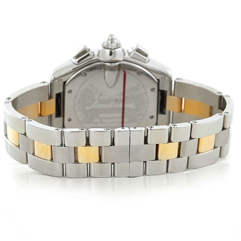 The image shows the back view of the Cartier Roadster W62027Z1 Men's Steel and Gold (two tone) Silver Dial W62027Z1 Men's Steel and Gold (two tone) Silver Dial watch, highlighting its two-tone bracelet and case back.