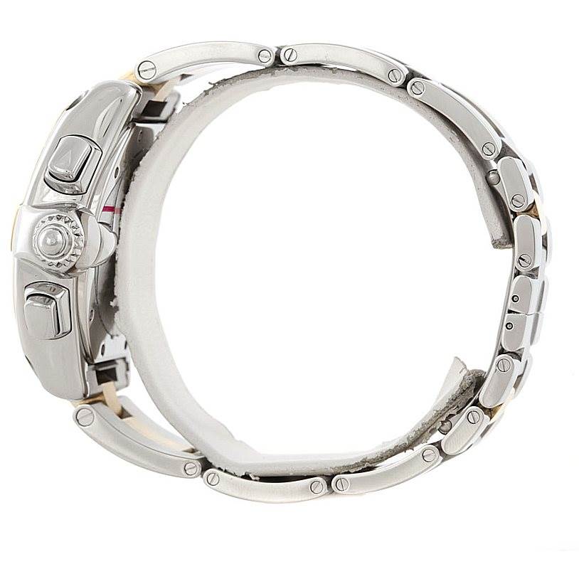 Side view of the Cartier Roadster W62027Z1 Men's Steel and Gold (two tone) Silver Dial W62027Z1 Men's Steel and Gold (two tone) Silver Dial watch showcasing the stainless steel casing, crown, buttons, and bracelet.