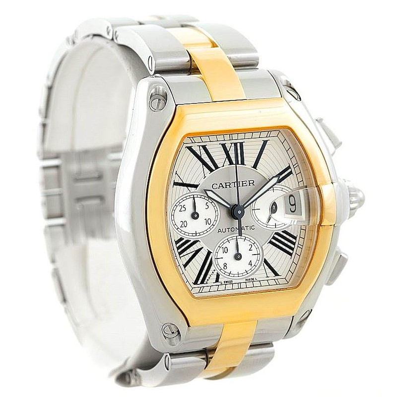 This image shows a Cartier Roadster W62027Z1 Men's Steel and Gold (two tone) Silver Dial W62027Z1 Men's Steel and Gold (two tone) Silver Dial watch angled to display the face, bezel, crown, and part of the bracelet.