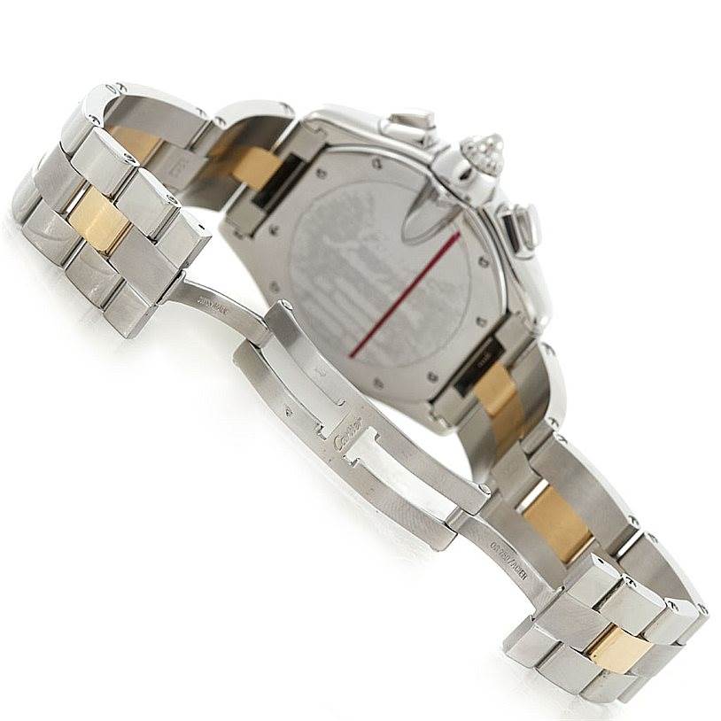 The image shows the back and bracelet clasp of a Cartier Roadster W62027Z1 Men's Steel and Gold (two tone) Silver Dial W62027Z1 Men's Steel and Gold (two tone) Silver Dial watch at an angle.