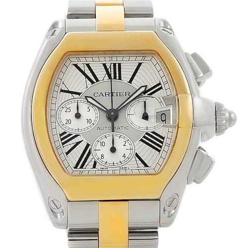 The image shows a Cartier Roadster W62027Z1 Men's Steel and Gold (two tone) Silver Dial W62027Z1 Men's Steel and Gold (two tone) Silver Dial watch from a front angle, highlighting its dial, bezel, and part of the metal strap.