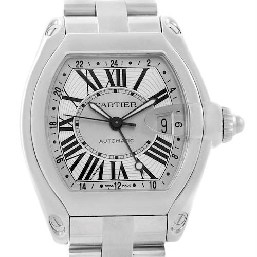 The image shows a front view of the Cartier Roadster W62032X6 Men's Stainless Steel Silver Dial W62032X6 Men's Stainless Steel Silver Dial watch, displaying the dial, Roman numeral markers, and date window.