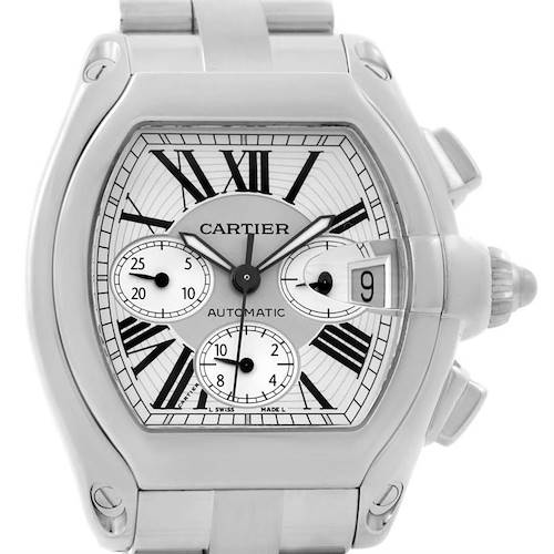 The image shows a Cartier Roadster W62019X6 Men's Stainless Steel Silver Dial W62019X6 Men's Stainless Steel Silver Dial watch front view, highlighting the dial, crown, and bracelet.