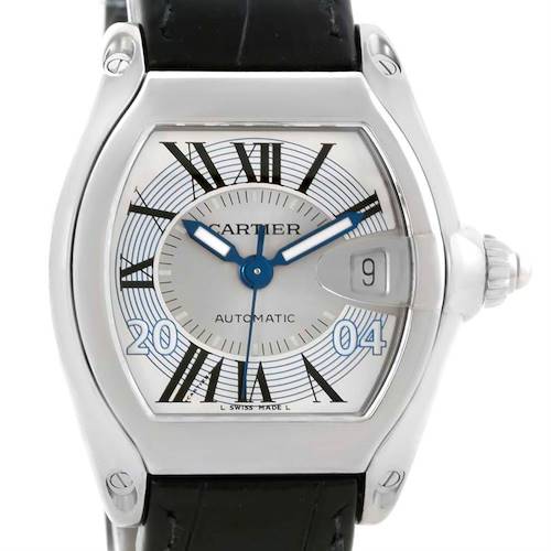 The image shows a front view of the Cartier Roadster W62025V3 Men's Stainless Steel Silver Dial W62025V3 Men's Stainless Steel Silver Dial watch, featuring its dial, hands, and part of the strap.