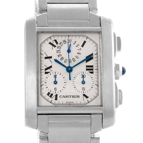 This Cartier Tank Francaise W51001Q3 Men's Stainless Steel White Dial W51001Q3 Men's Stainless Steel White Dial watch is shown from the front, highlighting the dial, hands, chronograph subdials, and bracelet.