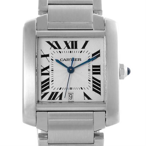 The Cartier Tank Francaise W51002Q3 Men's Stainless Steel Silver Dial W51002Q3 Men's Stainless Steel Silver Dial watch is shown from the front, highlighting its face, blue hands, Roman numerals, and metal strap.