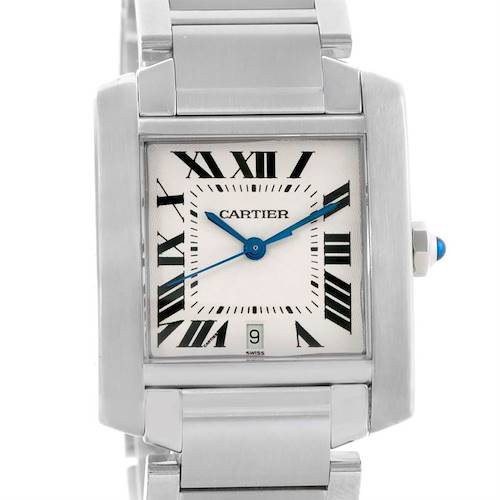 The Cartier Tank Francaise W51002Q3 Men's Stainless Steel Silver Dial W51002Q3 Men's Stainless Steel Silver Dial watch is shown from the front, highlighting its square dial, Roman numerals, blue hands, and metallic bracelet.