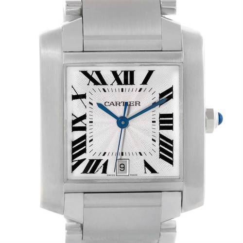 The image shows a close-up of the Cartier Tank Francaise W51002Q3 Men's Stainless Steel Silver Dial W51002Q3 Men's Stainless Steel Silver Dial watch, focusing on the dial, hands, and part of the bracelet.