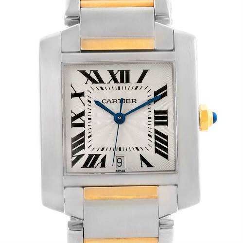 The image shows a front view of the Cartier Tank Francaise W51005Q4 Men's Steel and Gold (two tone) Silver Dial W51005Q4 Men's Steel and Gold (two tone) Silver Dial watch, highlighting its dial, hands, and part of the bracelet.