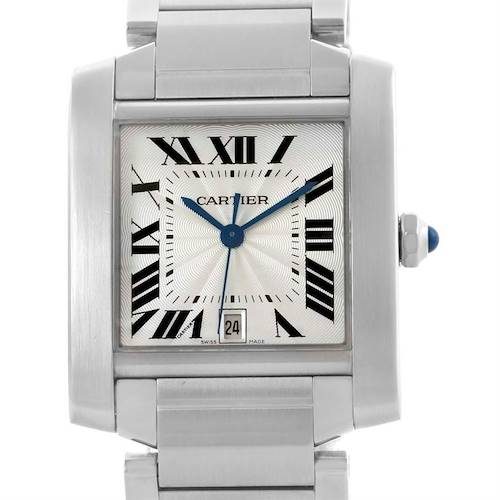 The image shows a front view of the Cartier Tank Francaise W51002Q3 Stainless Steel Silver Dial W51002Q3 Stainless Steel Silver Dial watch, displaying its face, dial, hands, and a portion of its bracelet.