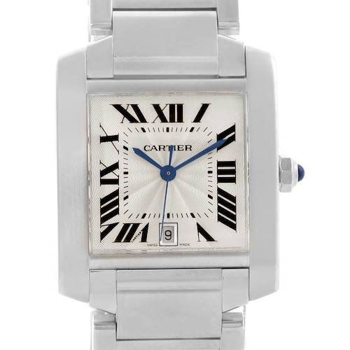 This Cartier Tank Francaise W51002Q3 Men's Stainless Steel Silver Dial W51002Q3 Men's Stainless Steel Silver Dial watch is shown from a front angle, highlighting the face, bracelet, and crown.