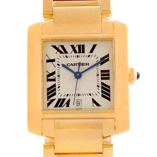 The image shows a frontal view of a Cartier Tank Francaise W50001R2 Men's Yellow Gold Silver Dial W50001R2 Men's Yellow Gold Silver Dial watch, highlighting its rectangular face, Roman numerals, and linked band.