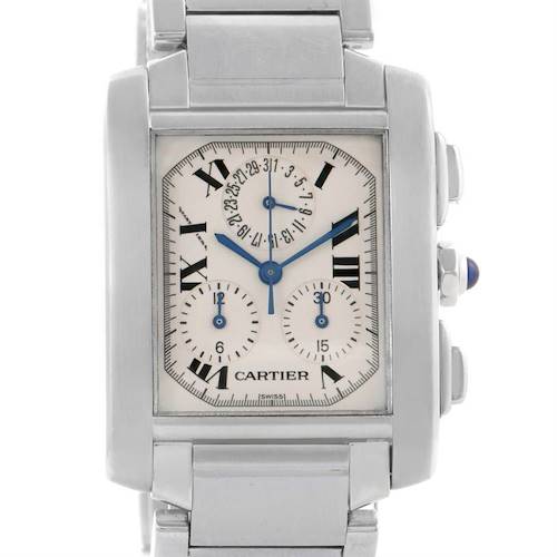 The image shows a close-up frontal view of a Cartier Tank Francaise W51001Q3 Men's Stainless Steel White Dial W51001Q3 Men's Stainless Steel White Dial watch, highlighting its face and bezel.