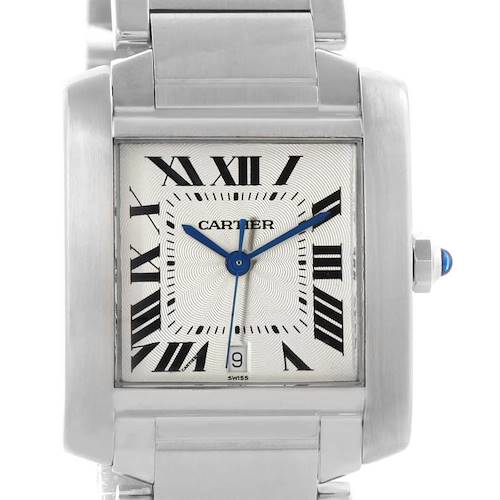The Cartier Tank Française watch is shown from a front angle, highlighting the face, Roman numerals, blue hands, and part of the bracelet.