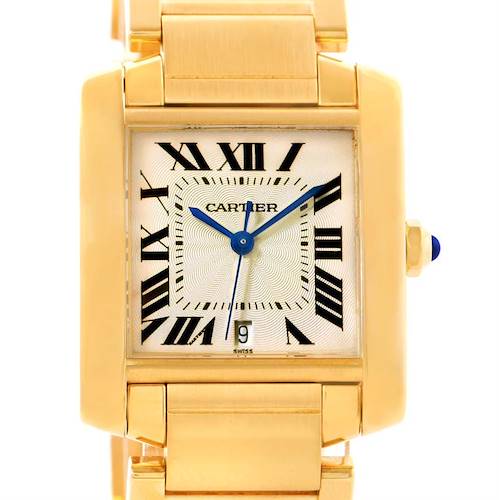 This image shows a close-up front view of the Cartier Tank Francaise W50001R2 Men's Yellow Gold Silver Dial W50001R2 Men's Yellow Gold Silver Dial watch, highlighting the face, Roman numerals, and date display.
